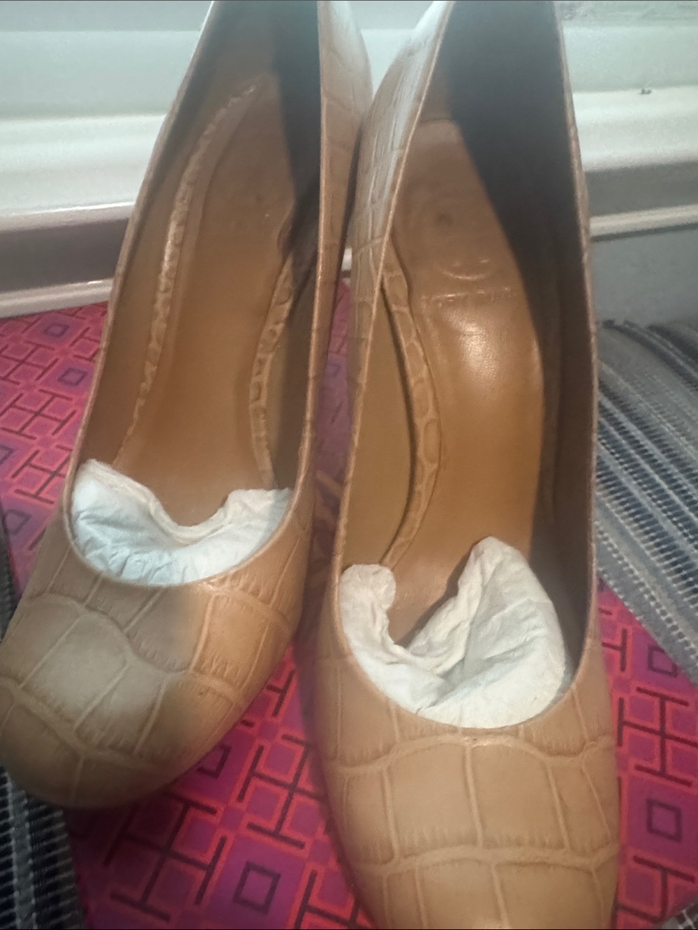 Tory Burch Croc-Embossed Tan Pumps
